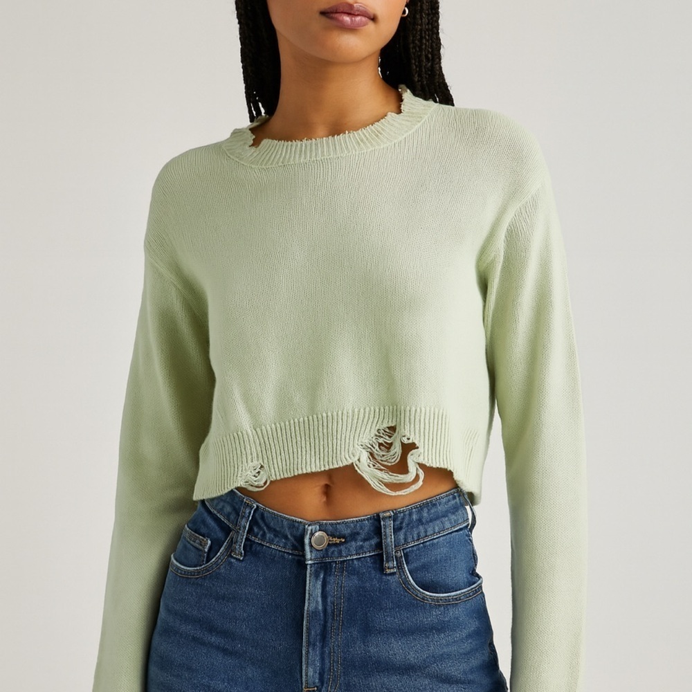 525 America Mint Green Distressed Cotton Pullover Sweater – Size M – NWT